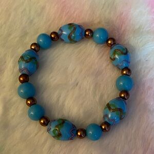 Blue and Gold Lampwork Glass Beaded Easter Egg Bracelet